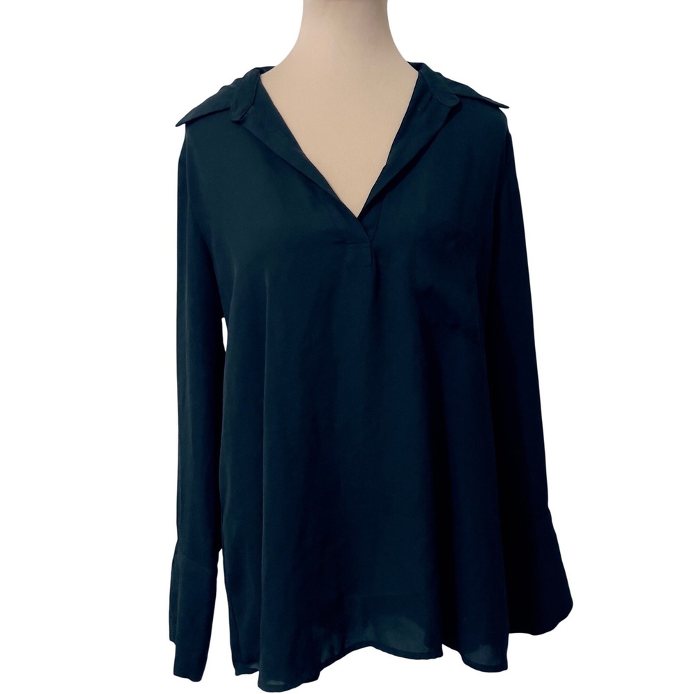 Pleione Blouse M Black V-Neck Long Sleeve Relaxed Office Workwear Minimalist